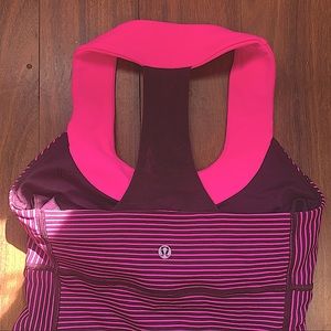 LULULEMON ATHLETIC SCOOP NECK DARK PINK STRIPED TANK TOP WOMENS SIZE 4 SMALL